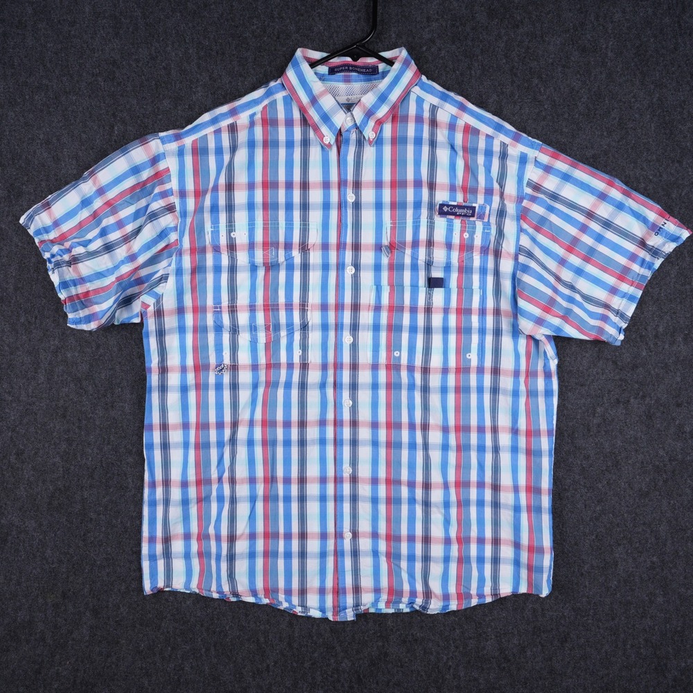 Columbia PFG Super Bonehead Fishing Shirt Mens M Blue Red Plaid Excellent Vent